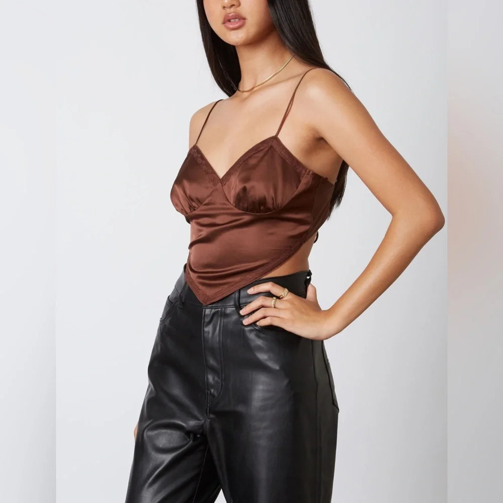 Mable Satin Bandana Triangle Crop Top Brown Y2k Retro Boho Corset M Womens